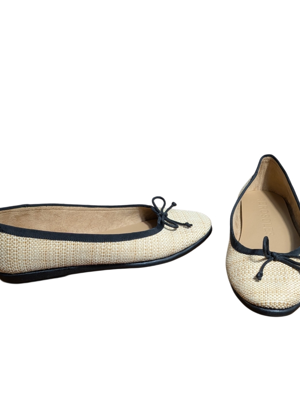 Aerosoles Womens 10W Wide Natural Beige Woven Ballet Flats Black Bow Slip On NWO - Picture 6 of 9